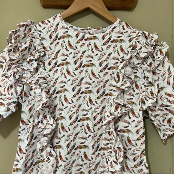 Double R Brand Women's Medium Feather Pleated Sleeve Ruffle Top. Back Button Up - Picture 4 of 11